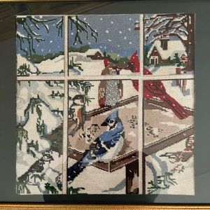 Large Completed Cross Stitch Winter Birds in the Window 17x21” Framed